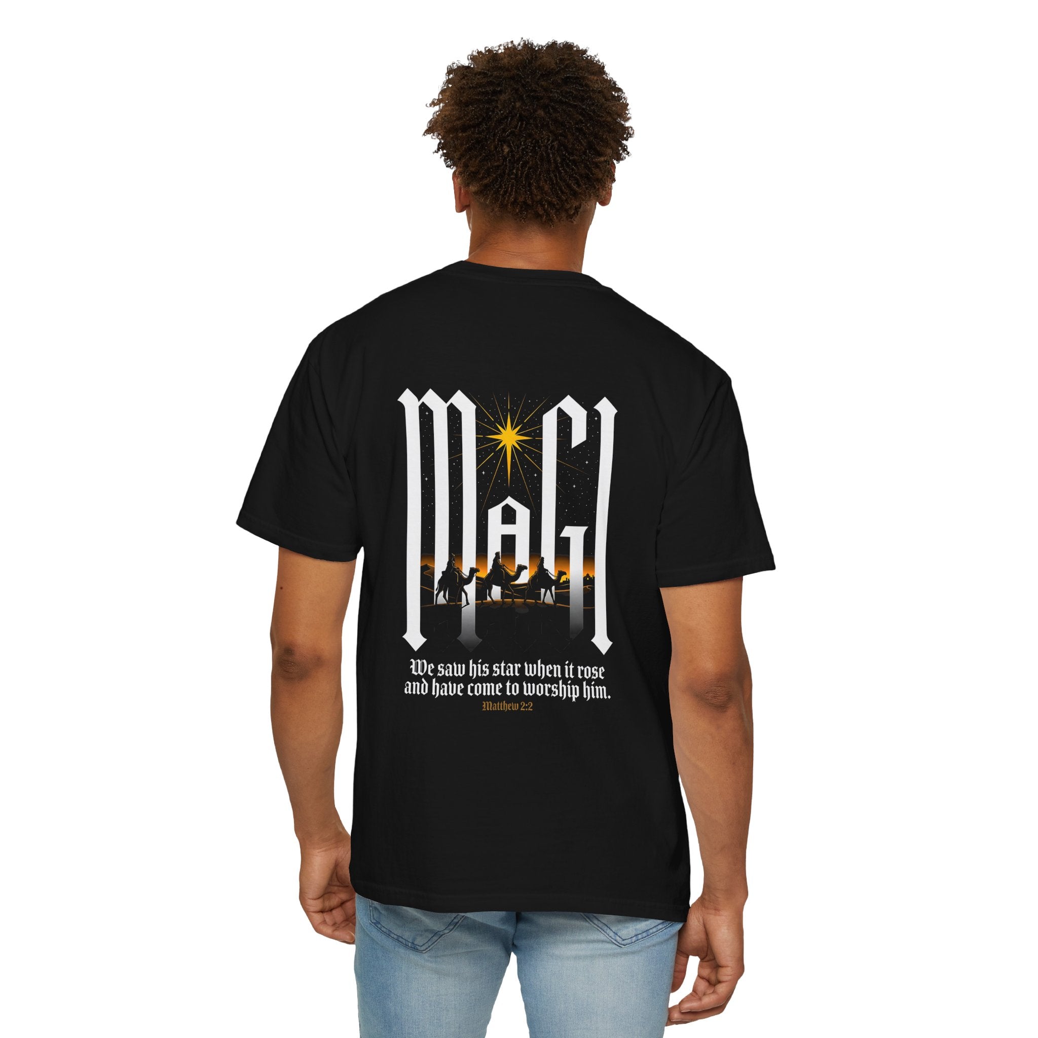 Christian Cross T-Shirt — 'We Saw His Star' Nativity Backprint Tee