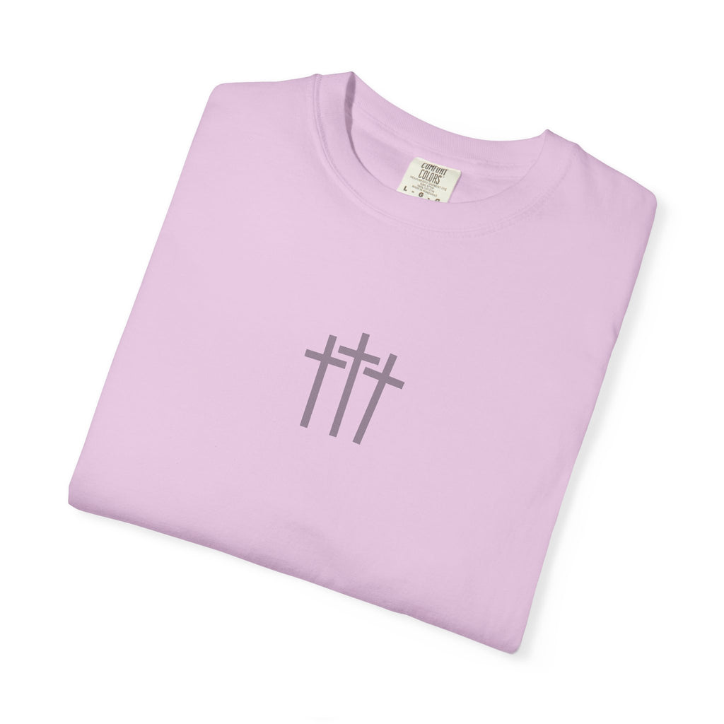 Christian Dove T-Shirt — Three Crosses Front & Dove Back with Scripture