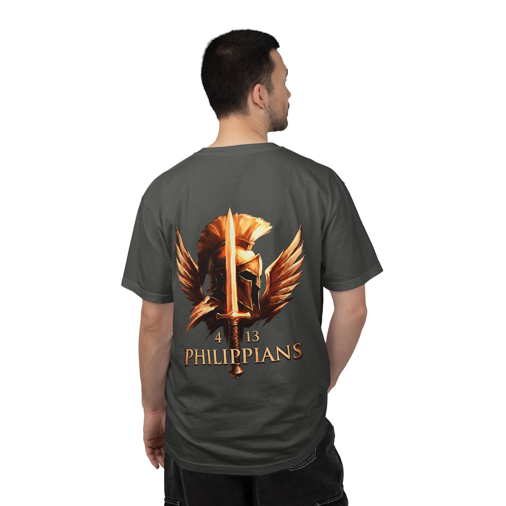 Christian Philippians 4:13 T-Shirt — Warrior Helmet Cross Graphic Tee