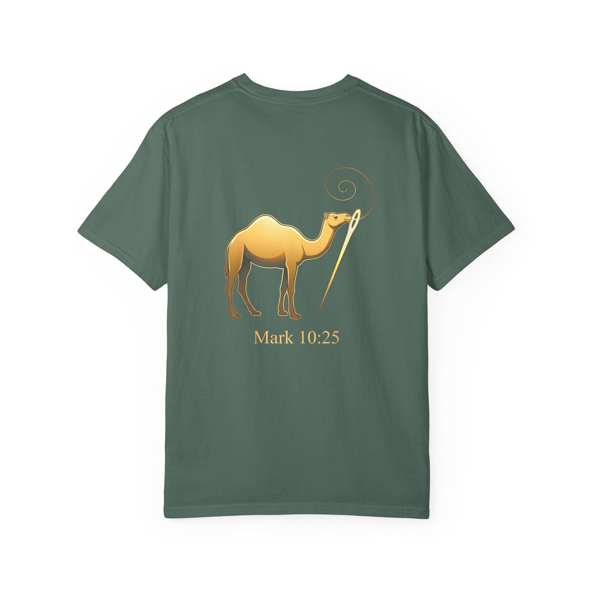 Christian Cross T-Shirt with Gold Camel & "Mark 10:25" Back — Religious Faith Tee