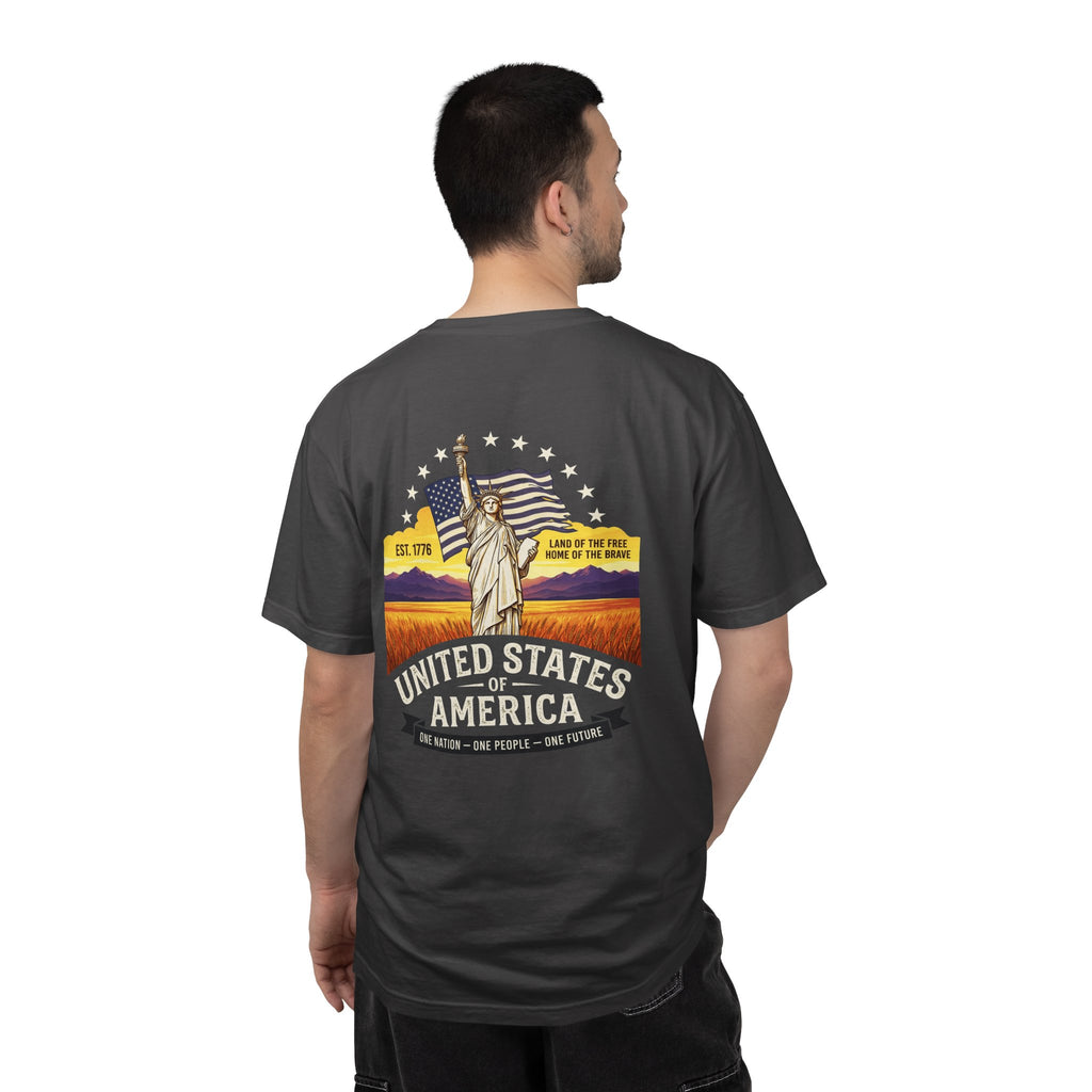 America Graphic T-Shirt — United States Vintage Statue of Liberty Back Print