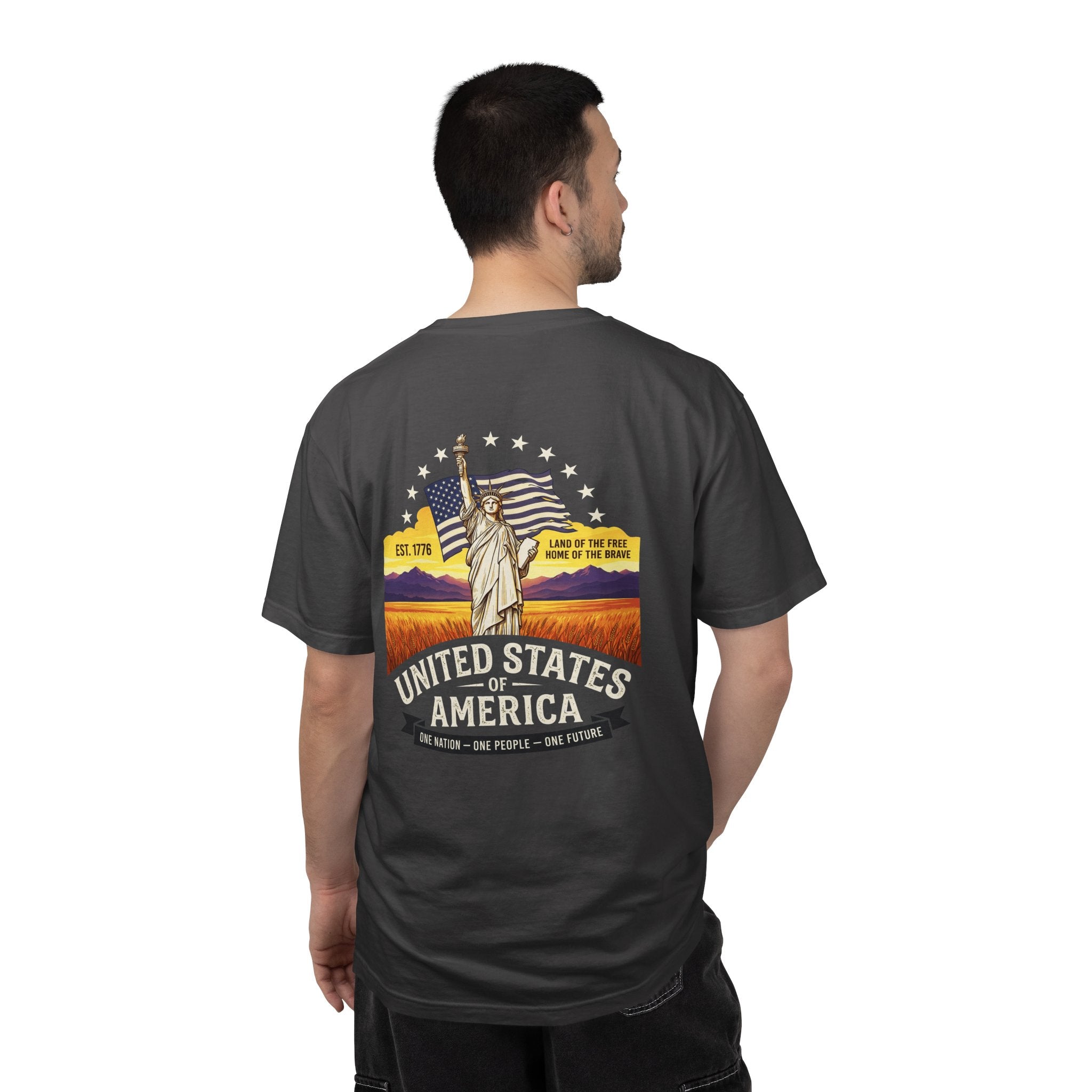 America Graphic T-Shirt — United States Vintage Statue of Liberty Back Print