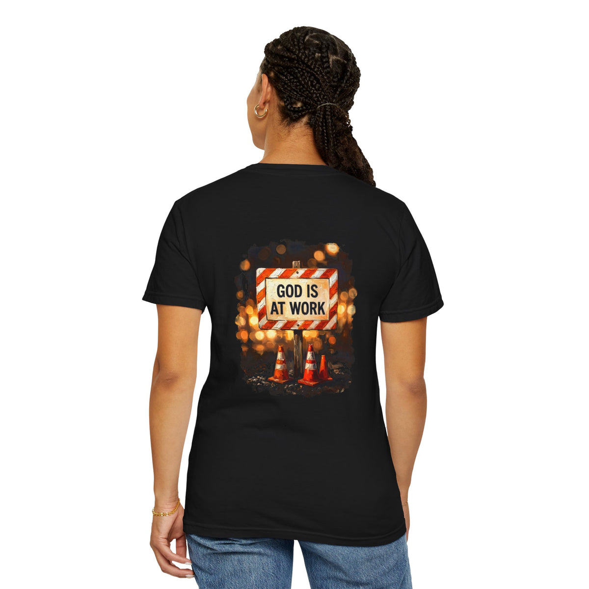 Christian T-Shirt — "God Is At Work" Cross Graphic Tee