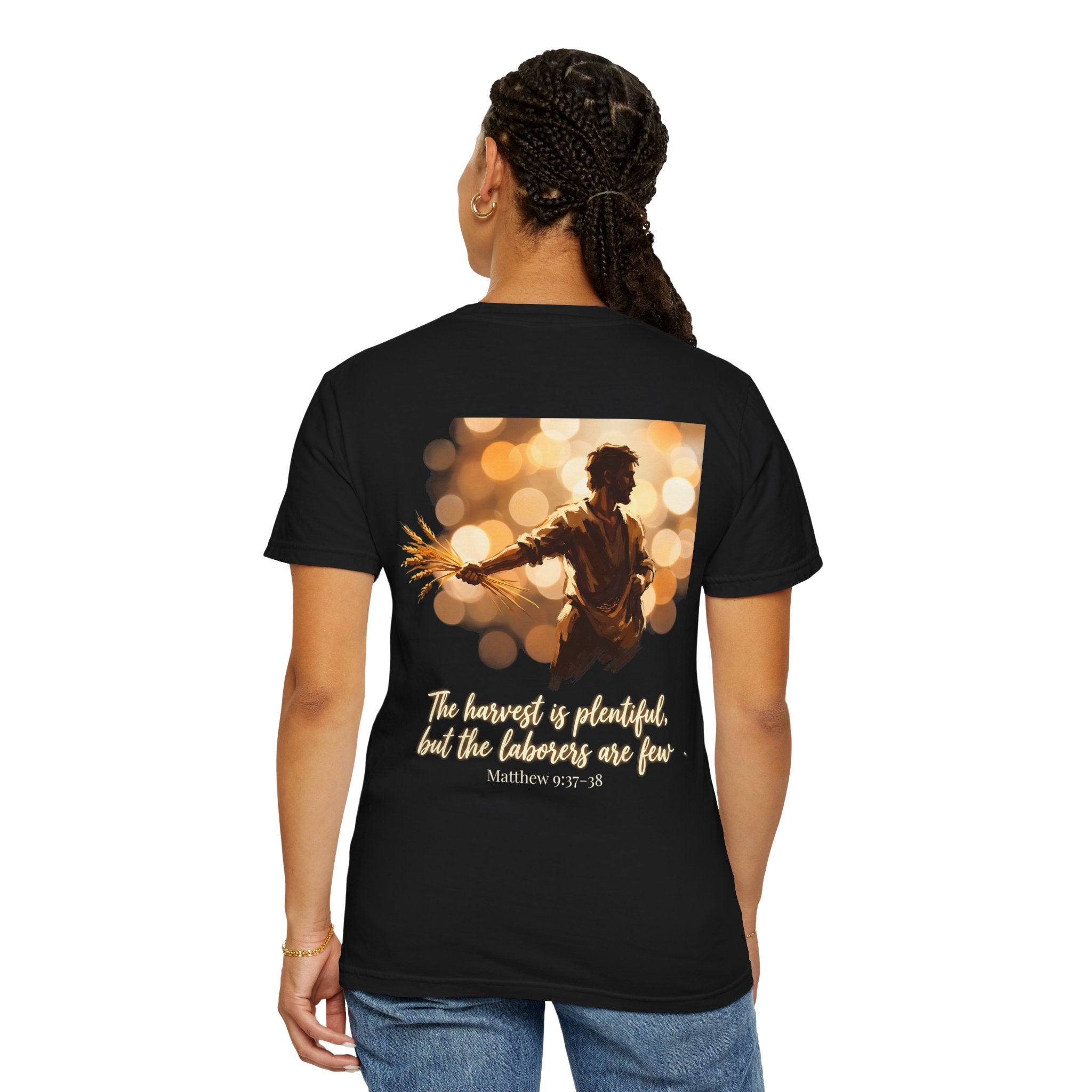 Christian Cross T-Shirt — "The harvest is plentiful, but the laborers are few" Back Graphic