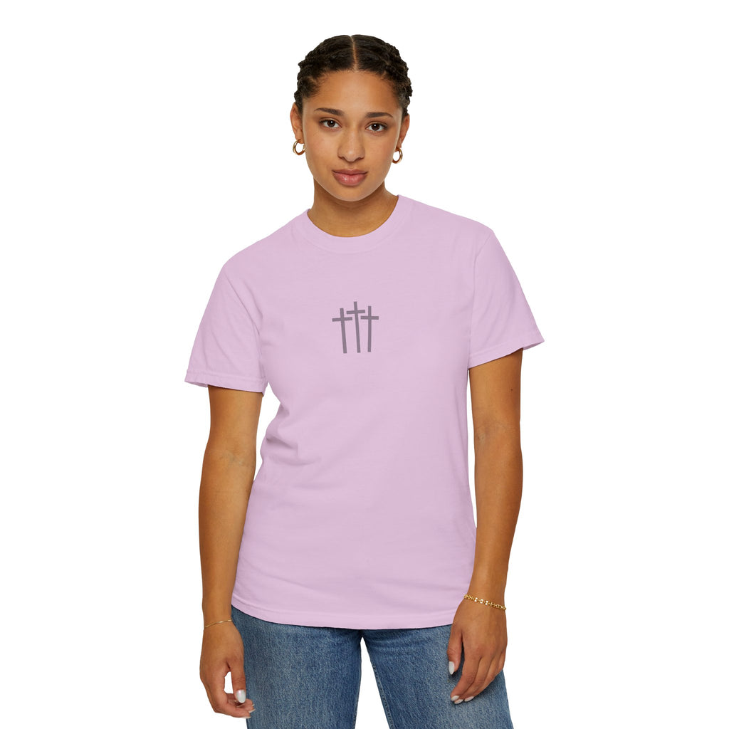 Christian Dove T-Shirt — Three Crosses Front & Dove Back with Scripture
