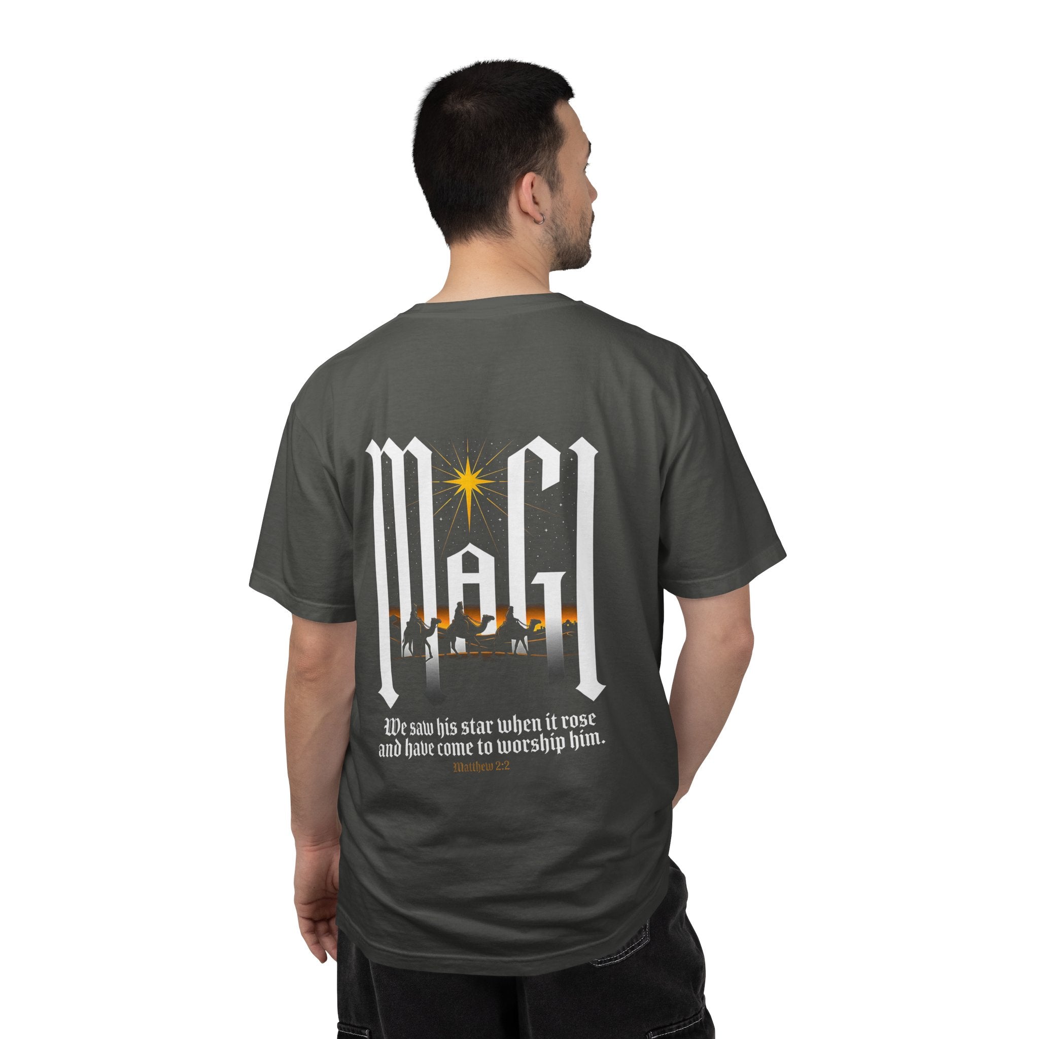 Christian Cross T-Shirt — 'We Saw His Star' Nativity Backprint Tee